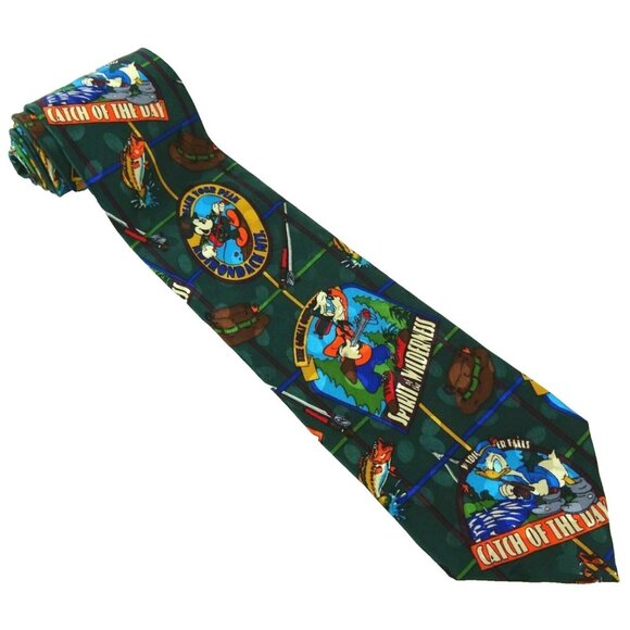 Disney Silk Tie Mens Necktie 90s Cartoon Vibe Hunting Fishing Playful Whimsical - Picture 2 of 3